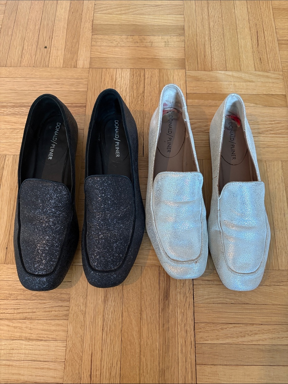 Bundle of Donald J. Pliner Metallic Loafers in Black and Silver-White